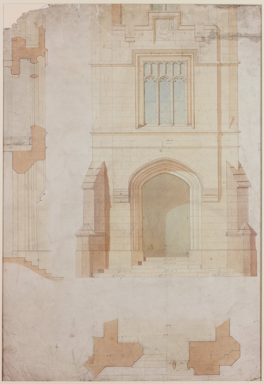 Elevación, sección y plano de la entrada principal de Holme Eden de John Dobson