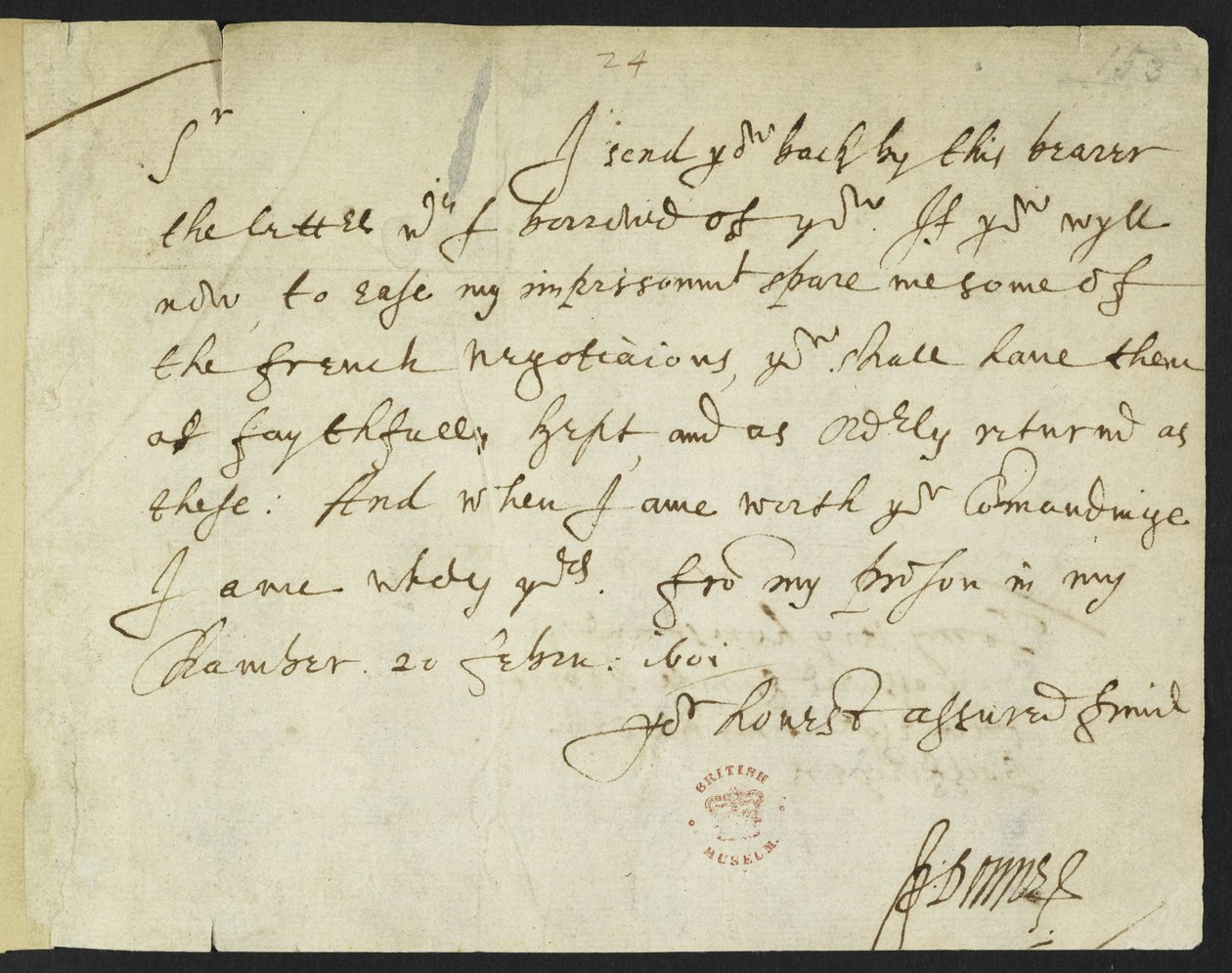 Cotton Julius C. III, f.153 Carta autógrafa de John Donne a Sir Robert Cotton, escrita desde la prisión, 20 de febrero de 1601 (tinta sobre papel) de John Donne
