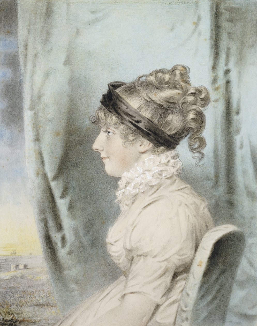 Retrato de una dama, identificada como Eliza Were Holdsworth, sentada, medio cuerpo, de perfil a la izquierda, con un vestido blanco y una cinta negra en el cabello, junto a una cortina, con una vista costera más allá, 1804 de John Dowman