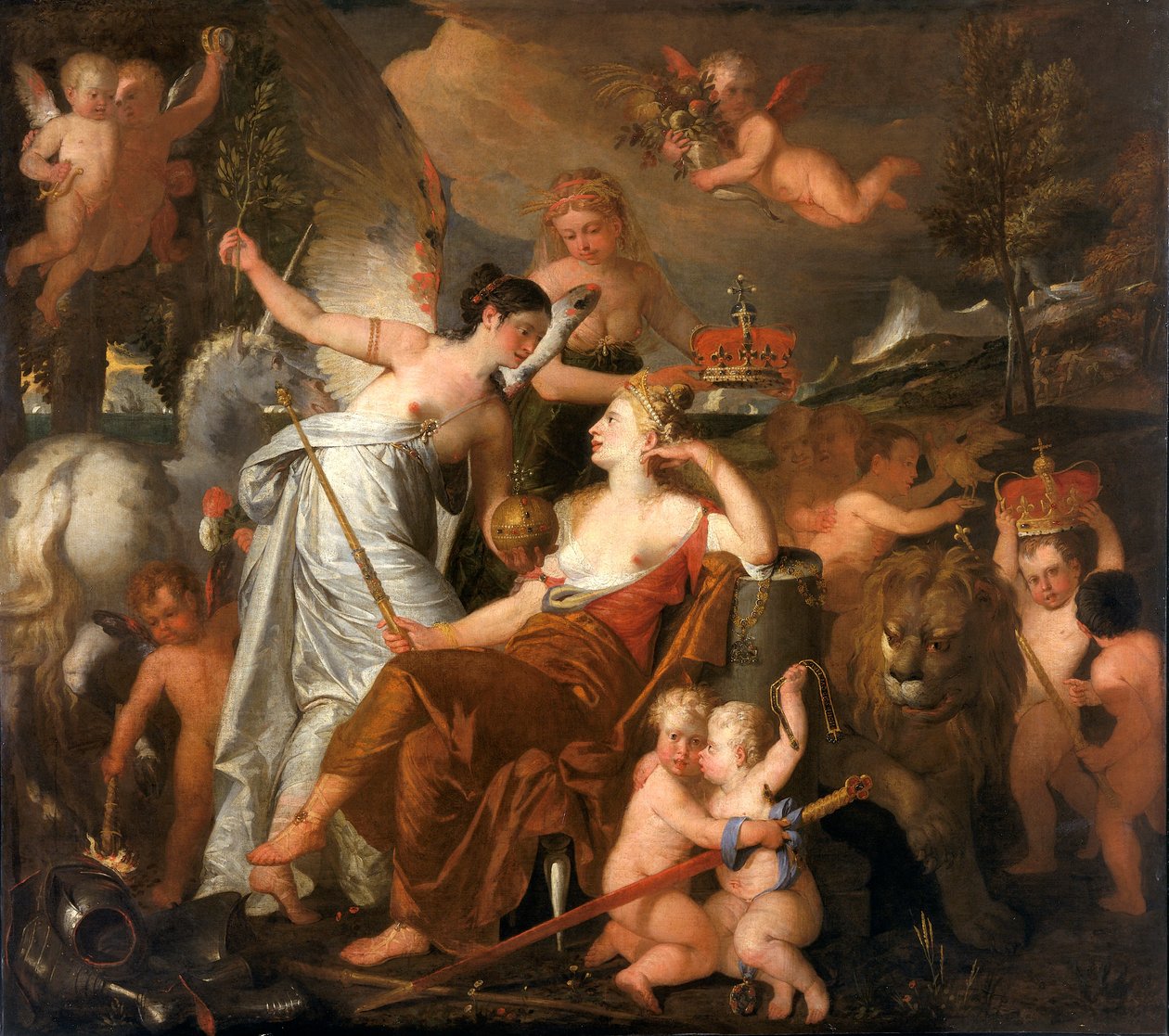 Una princesa tardía personificando la paz coronando la gloria de Inglaterra reflejada en Europa de John Downman