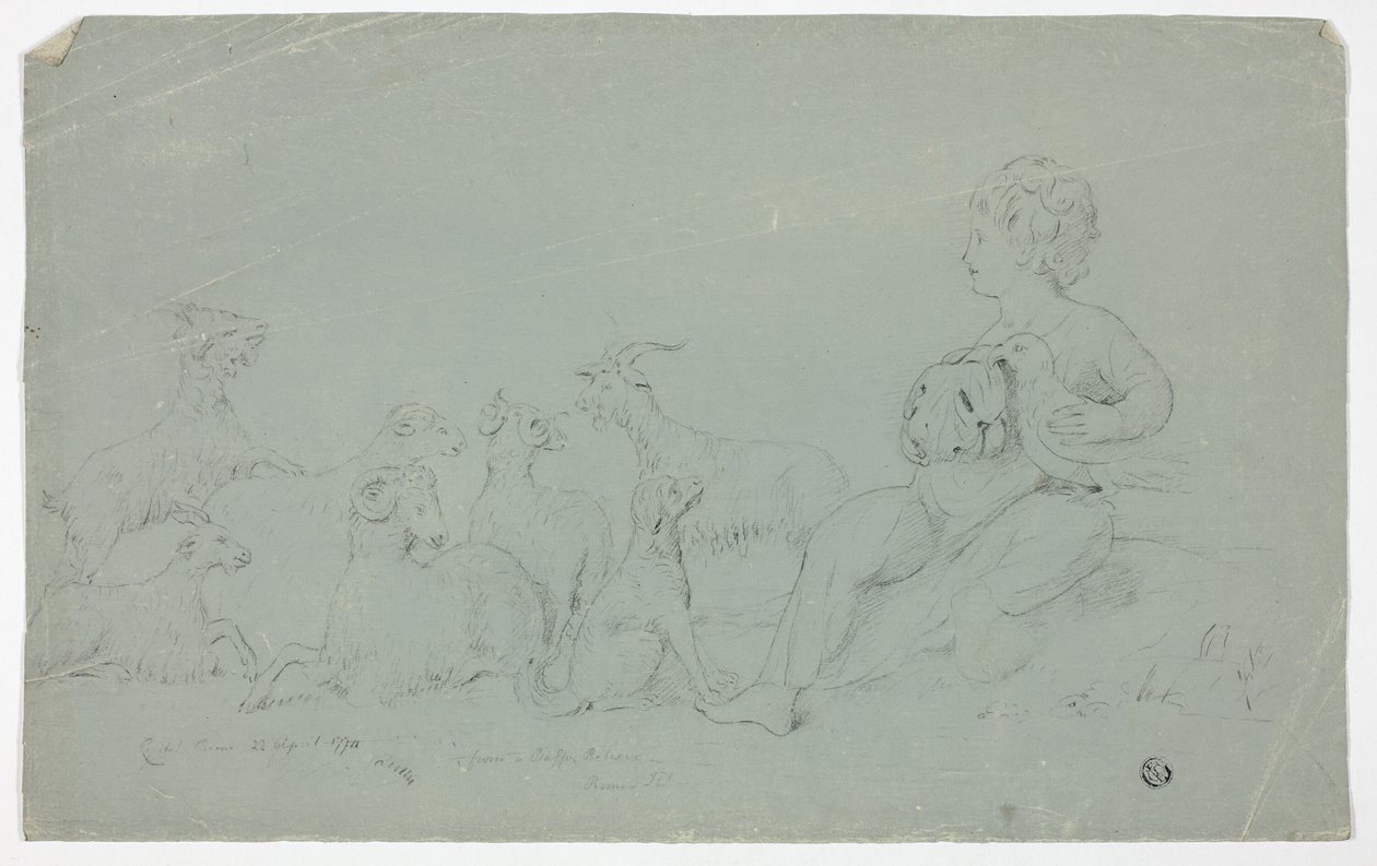 Antiguo Bajo Relieve con Niño Sentado Sosteniendo un Halcón y Acompañado por Perro, Ovejas y Cabras de John Downman