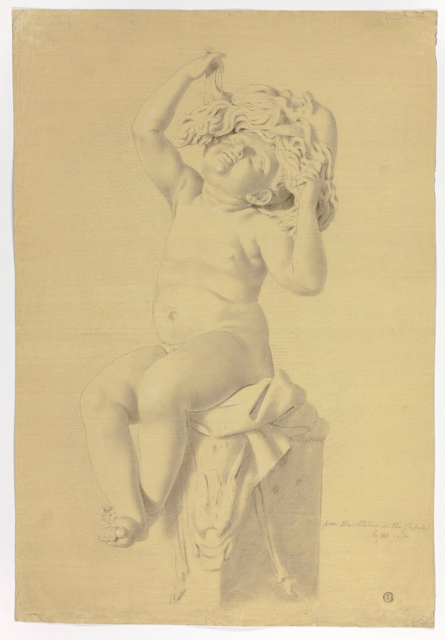 Estatua antigua de putto sentado sosteniendo máscara de Sileno de John Downman