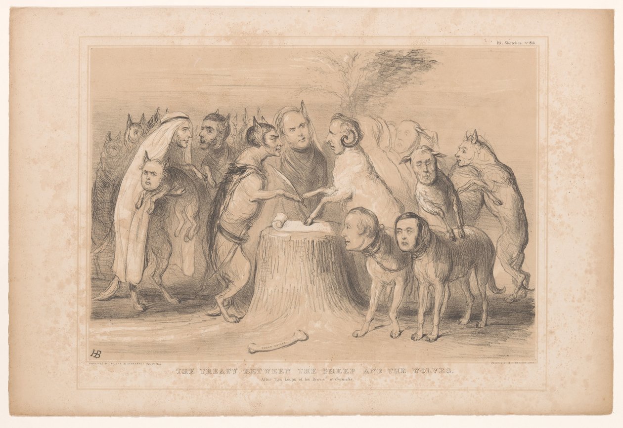 Pacto tussen de wolven en de schapen El tratado entre las ovejas y los lobos. Después de Les Loups et les Brevis de Granville (título sobre objeto) Bocetos HB (título de la serie en el objeto) de John Doyle