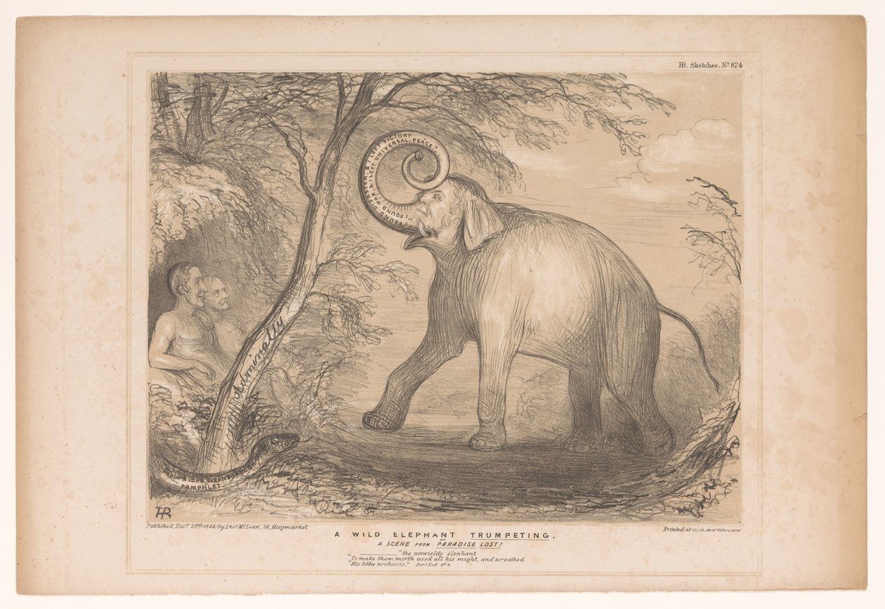 Spotprent conoció a Lord Ellenborough como een wilde olifant Un elefante salvaje tocando la trompeta. ¡Una escena de Paradise Lost! (título en el objeto) Bocetos HB (título de la serie en el objeto) de John Doyle