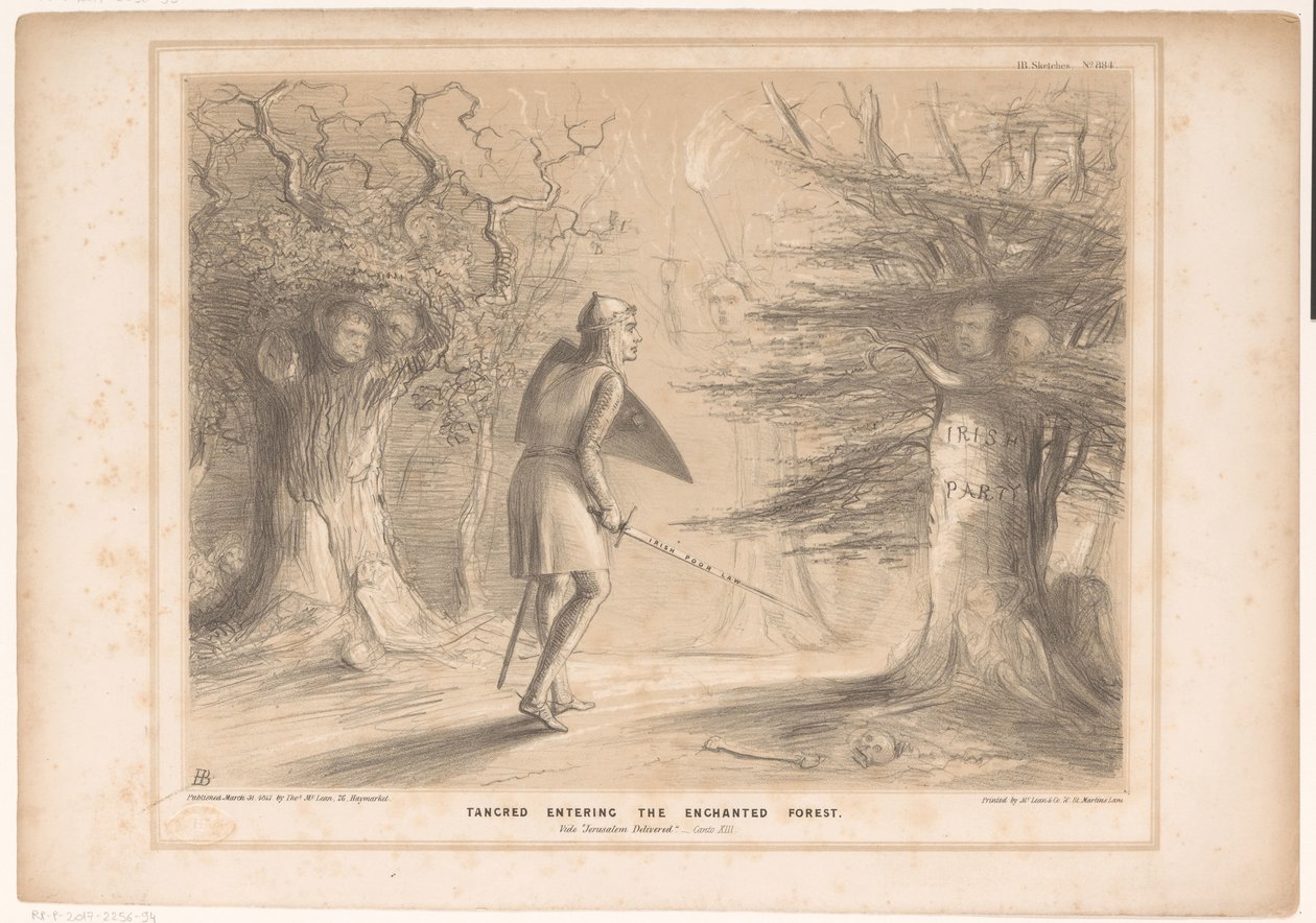Spotprent conoció a Lord Russell como Tancredi Tancred entrando al bosque encantado. Vide Jerusalén liberada. Canto XIII (título sobre objeto) Bocetos HB (título de la serie en el objeto) de John Doyle