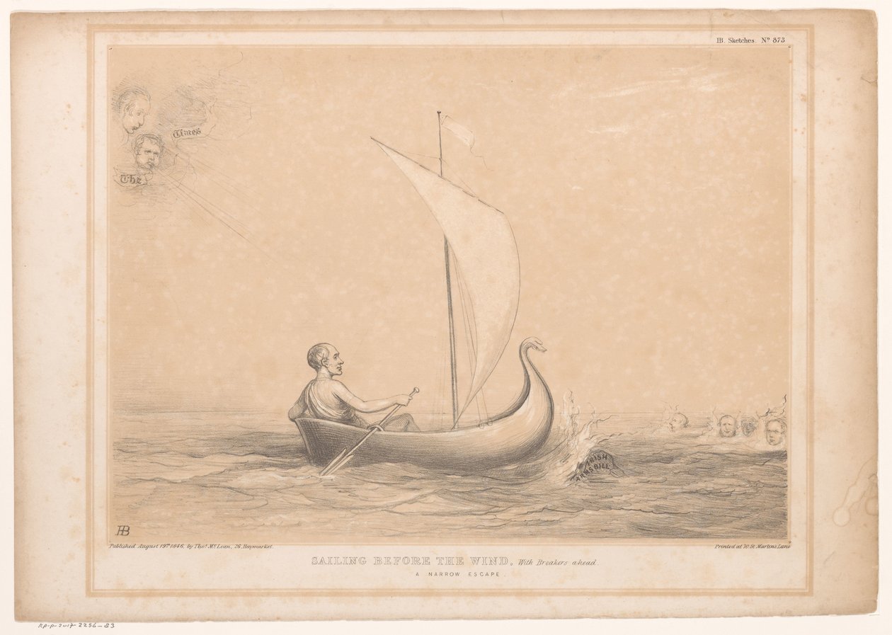 Spotprent conoció a Lord Russell en een zeilboot Navegando ante el viento, Con Breakers por delante. Un escape estrecho (título en el objeto) Bocetos HB (título de la serie en el objeto) de John Doyle