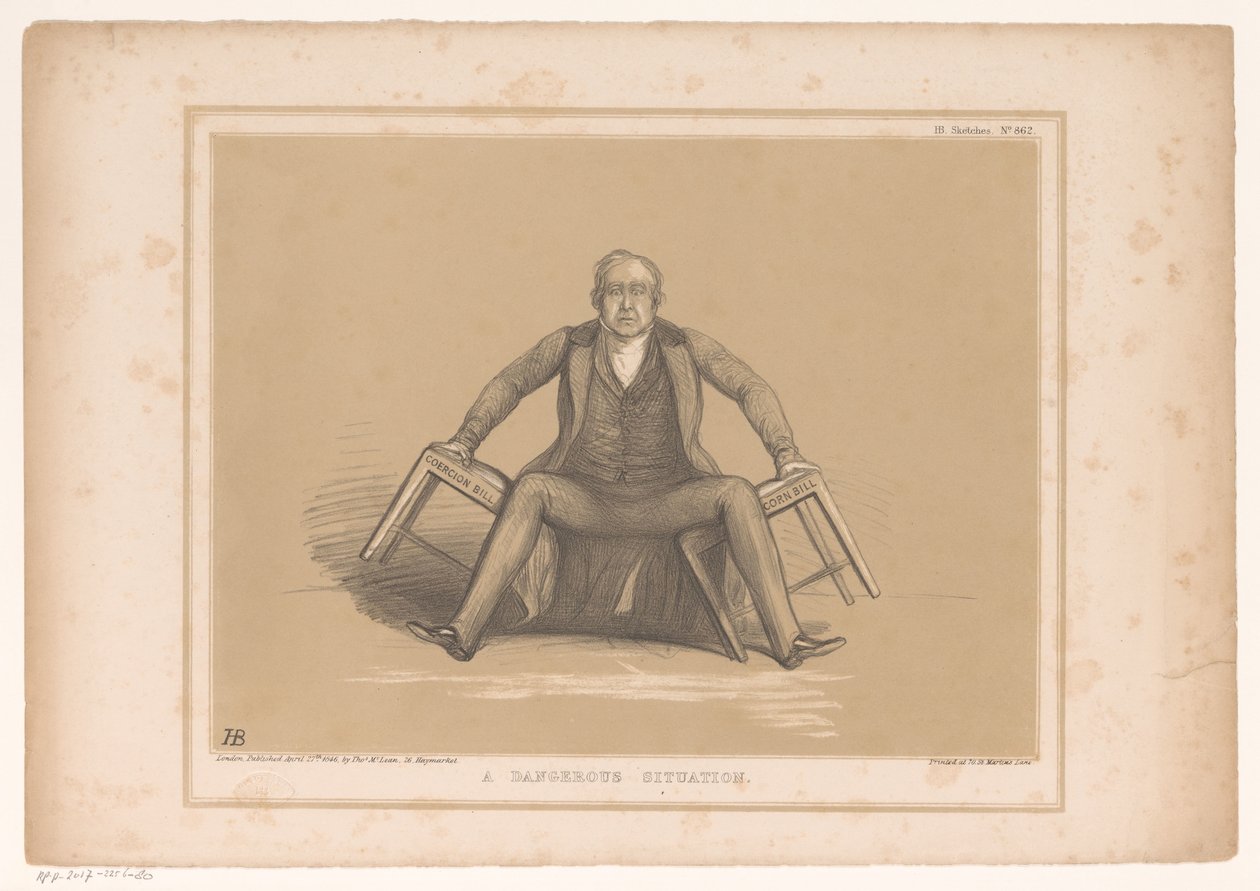 Caricatura con Robert Peel cayendo entre dos sillas Una situación peligrosa (título sobre objeto) Bocetos HB (título de la serie en el objeto) de John Doyle