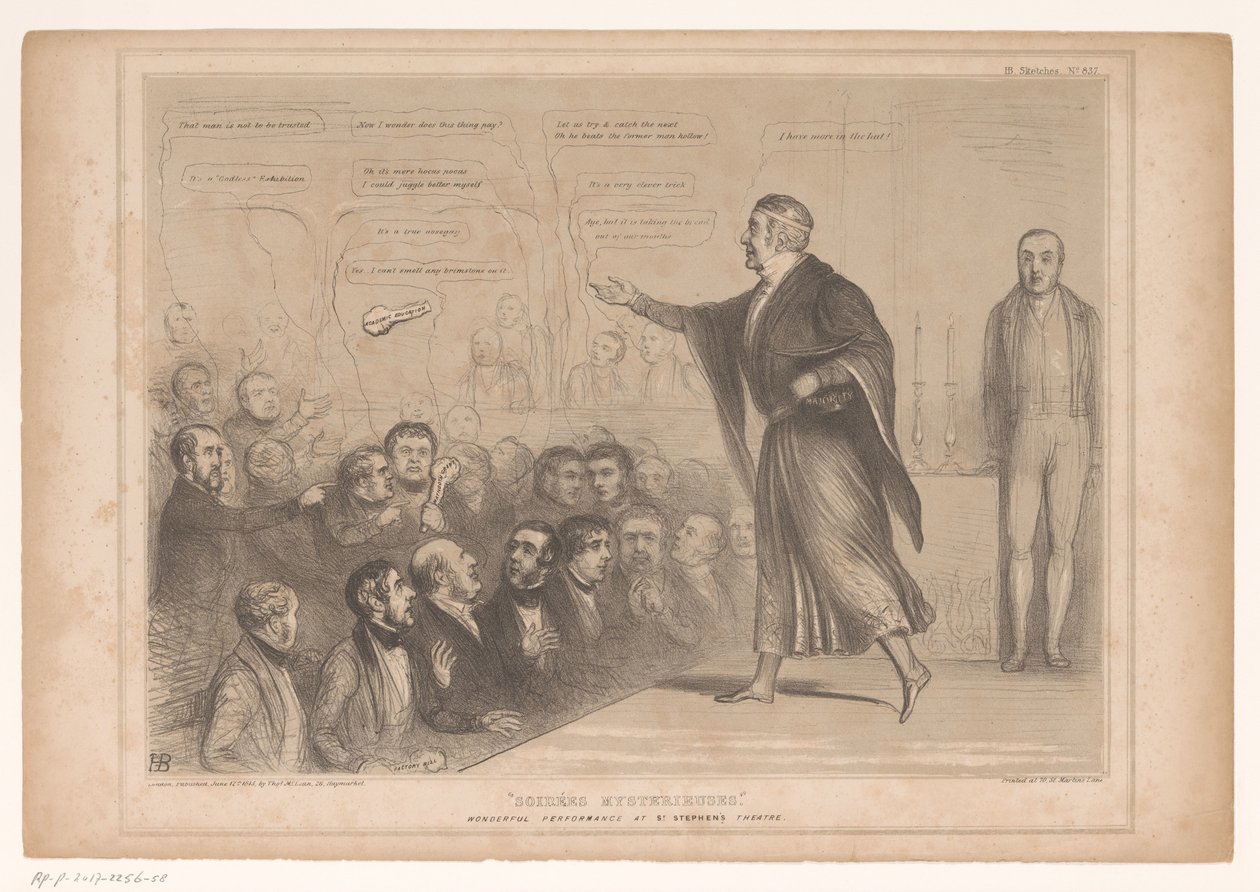 Spotprent conoció a Sir Robert Peel como goochelaar Veladas misteriosas. Maravillosa actuación en el teatro St. Stephen (título sobre objeto) Bocetos HB (título de la serie en el objeto) de John Doyle