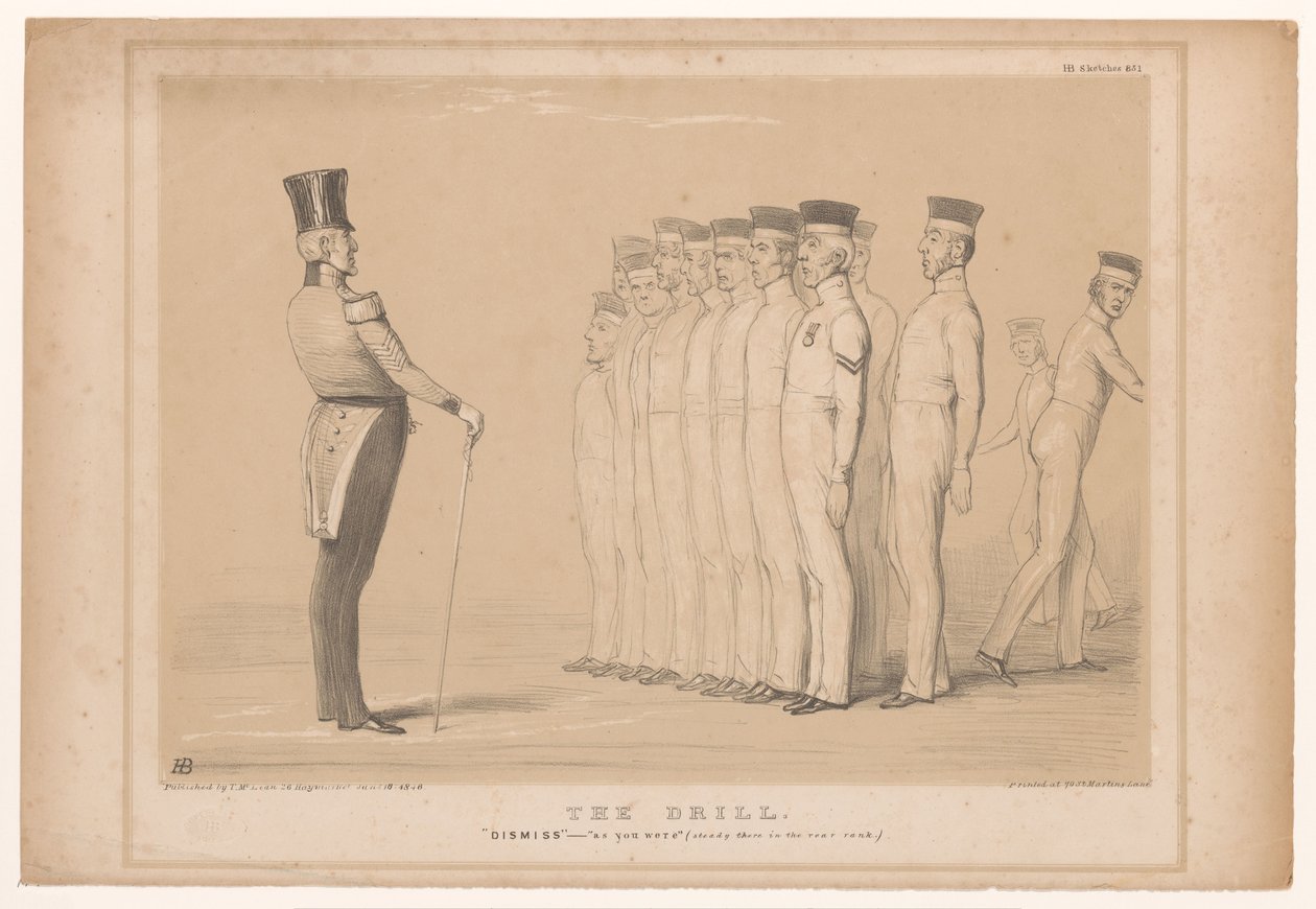 Spotprent conoció al primer ministro Peel como instructor militar El taladro. Descartar - como estabas (firme allí en la fila trasera) (título en el objeto) Bocetos HB (título de la serie en el objeto) de John Doyle