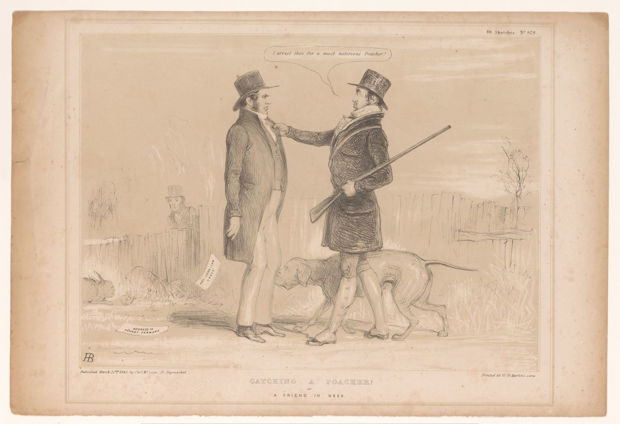 Caricatura sobre la política interna inglesa ¡Atrapar a un cazador furtivo! o Un amigo necesitado (título en objeto) Bocetos HB (título de la serie en el objeto) de John Doyle