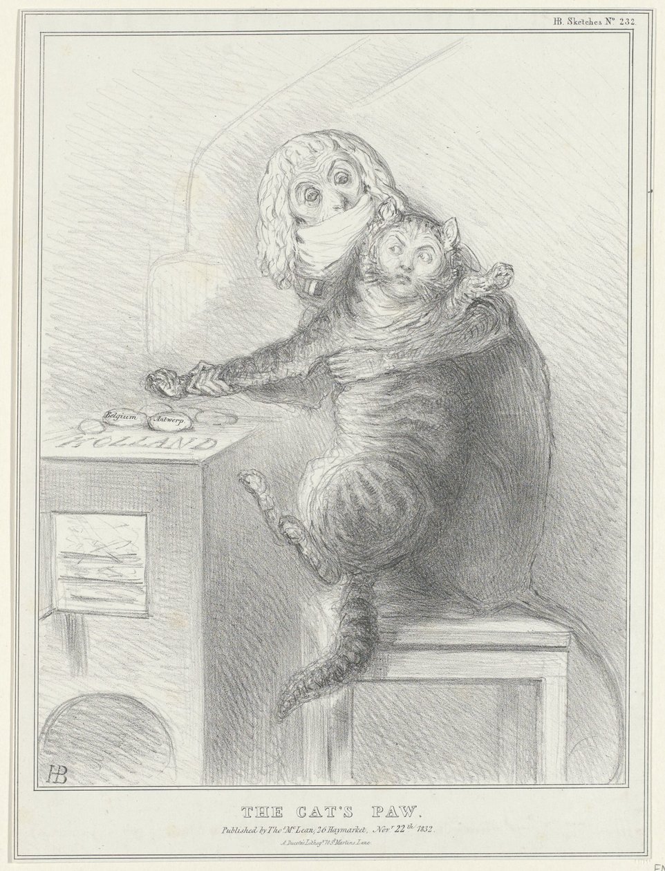 Spotprent op Talleyrand en Palmerston, 1832 La pata de gato (título en el objeto) Bosquejos políticos (título de la serie) de John Doyle