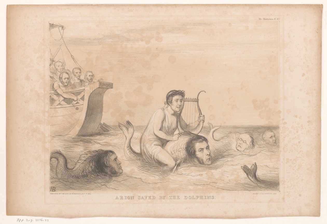 Caricatura sobre la política interna inglesa Arion salvado por los delfines (título sobre objeto) Bocetos HB (título de la serie en el objeto) de John Doyle