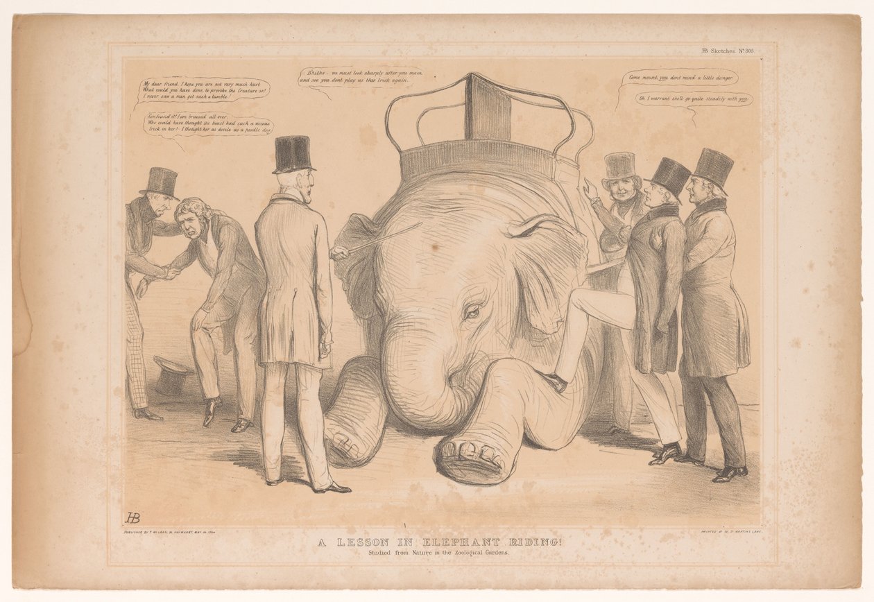 Spotprent over de aanstelling van Henry Hardinge como gobernador de India ¡Una lección de montar en elefante! Estudiado de la Naturaleza en el Jardín Zoológico (título sobre el objeto) Bocetos HB (título de la serie en el objeto) de John Doyle