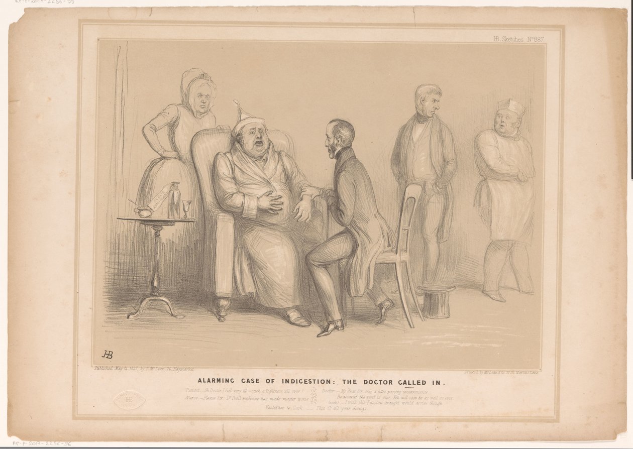 Caricatura en la que John Bull recibe la visita del médico Caso alarmante de indigestión: el médico llamó (título sobre el objeto) Bocetos HB (título de la serie en el objeto) de John Doyle