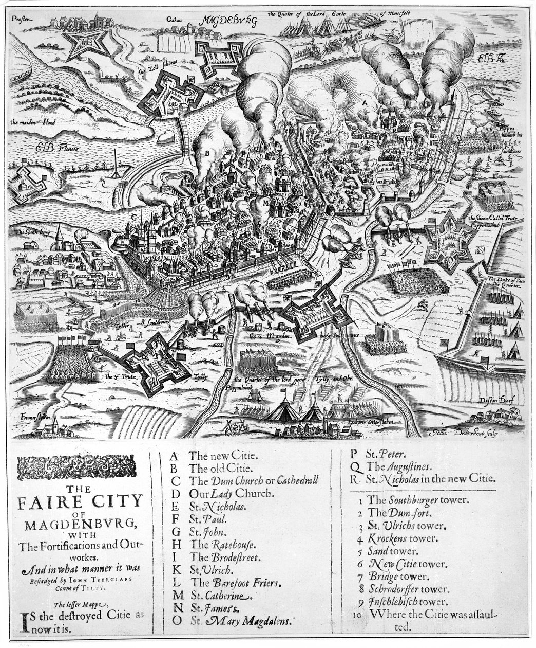 La ciudad justa de Magdeburgo, con las fortificaciones y obras exteriores. Y de qué manera fue sitiada por John Tserclaes, Conde de Tilly, 1631 de John Droeshout