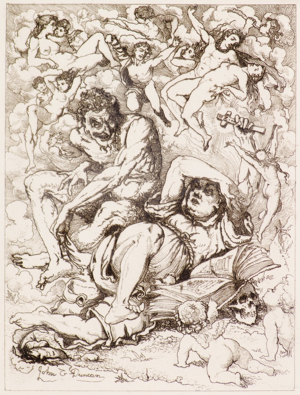 Figura reclinada sosteniendo una cruz, el diablo sentado cerca rodeado de figuras flotantes de John Duncan