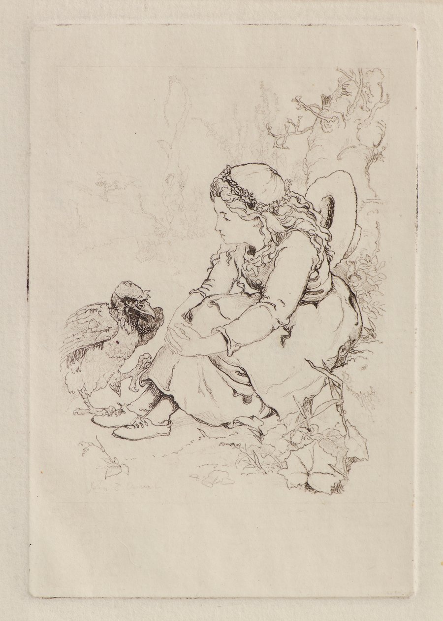 Niña sentada y gran pájaro de John Duncan