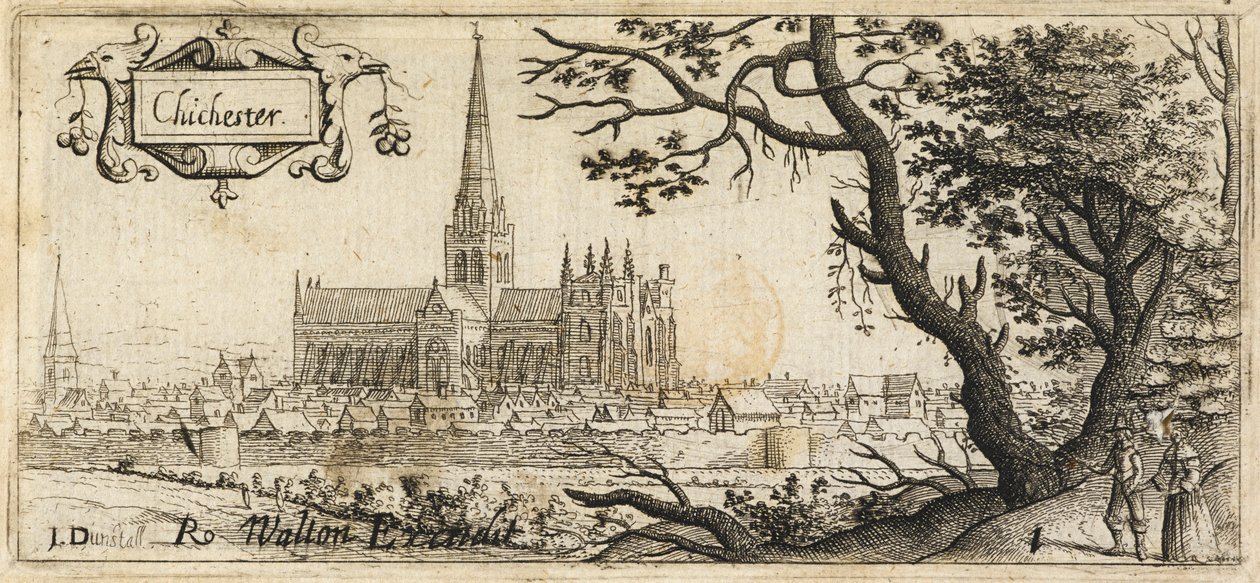 Dos figuras de pie junto a un gran árbol a la derecha en primer plano; la ciudad de Chichester a lo lejos; las murallas de la ciudad atraviesan la escena; la catedral de Chichester en el centro de la imagen, c.1660 (aguafuerte). de John Dunstall