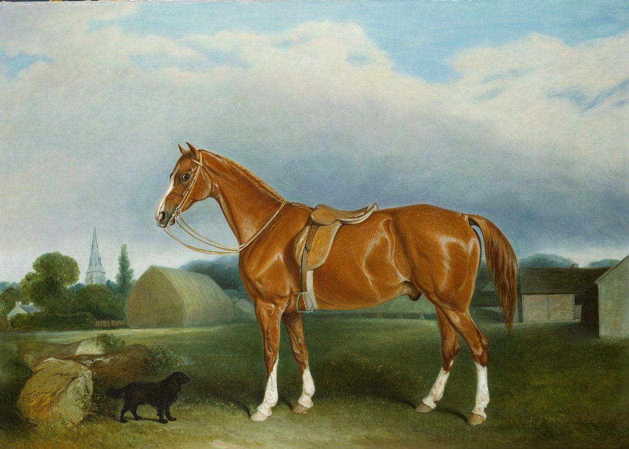Un cazador castaño y un spaniel junto a edificios de granja de John E. Ferneley