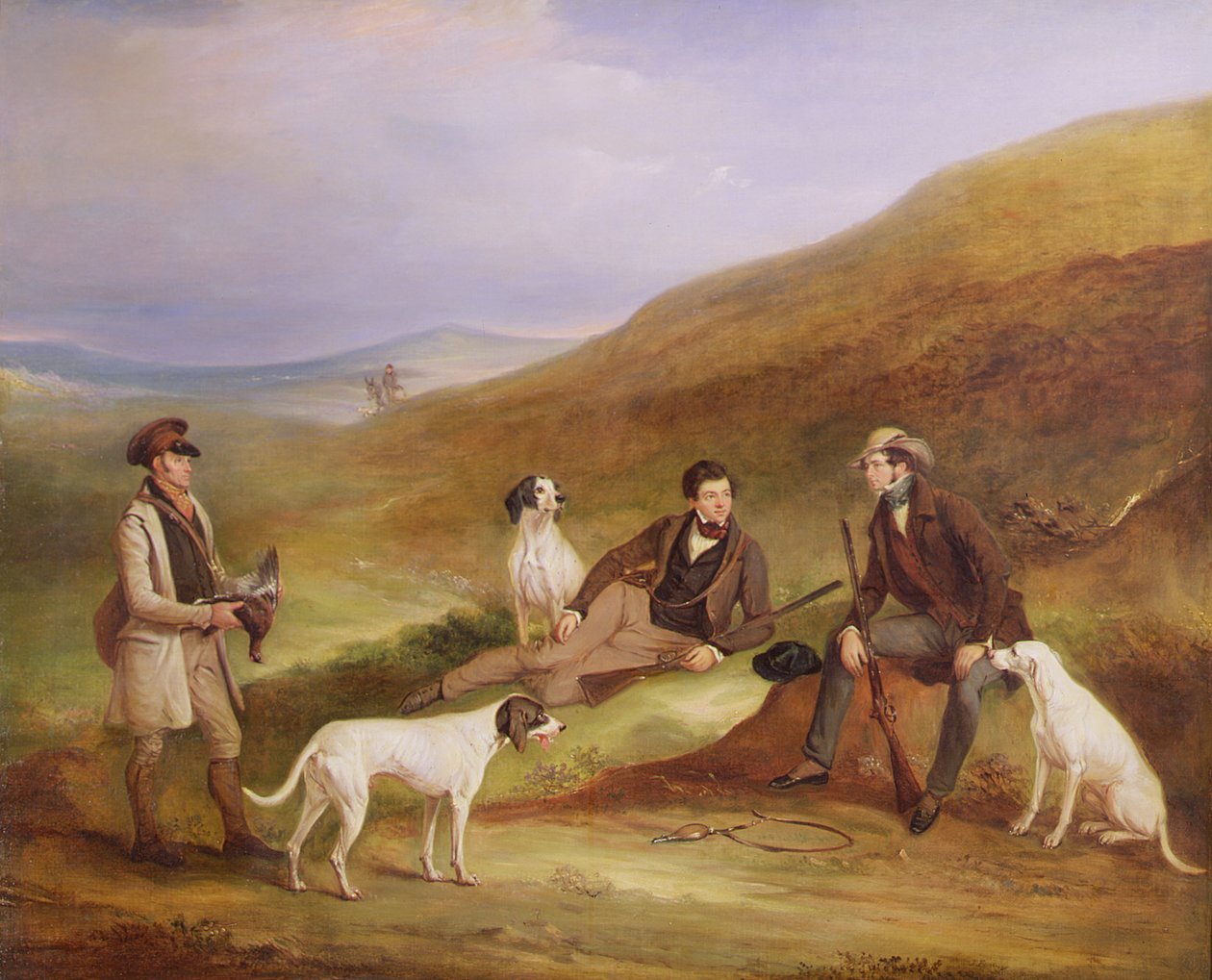 Edward Horner Reynard y su Hermano, George, Cazando Urogallos con el Guardabosques, Tully Lamb, en Middlesmoor, Yorkshire de John E. Ferneley