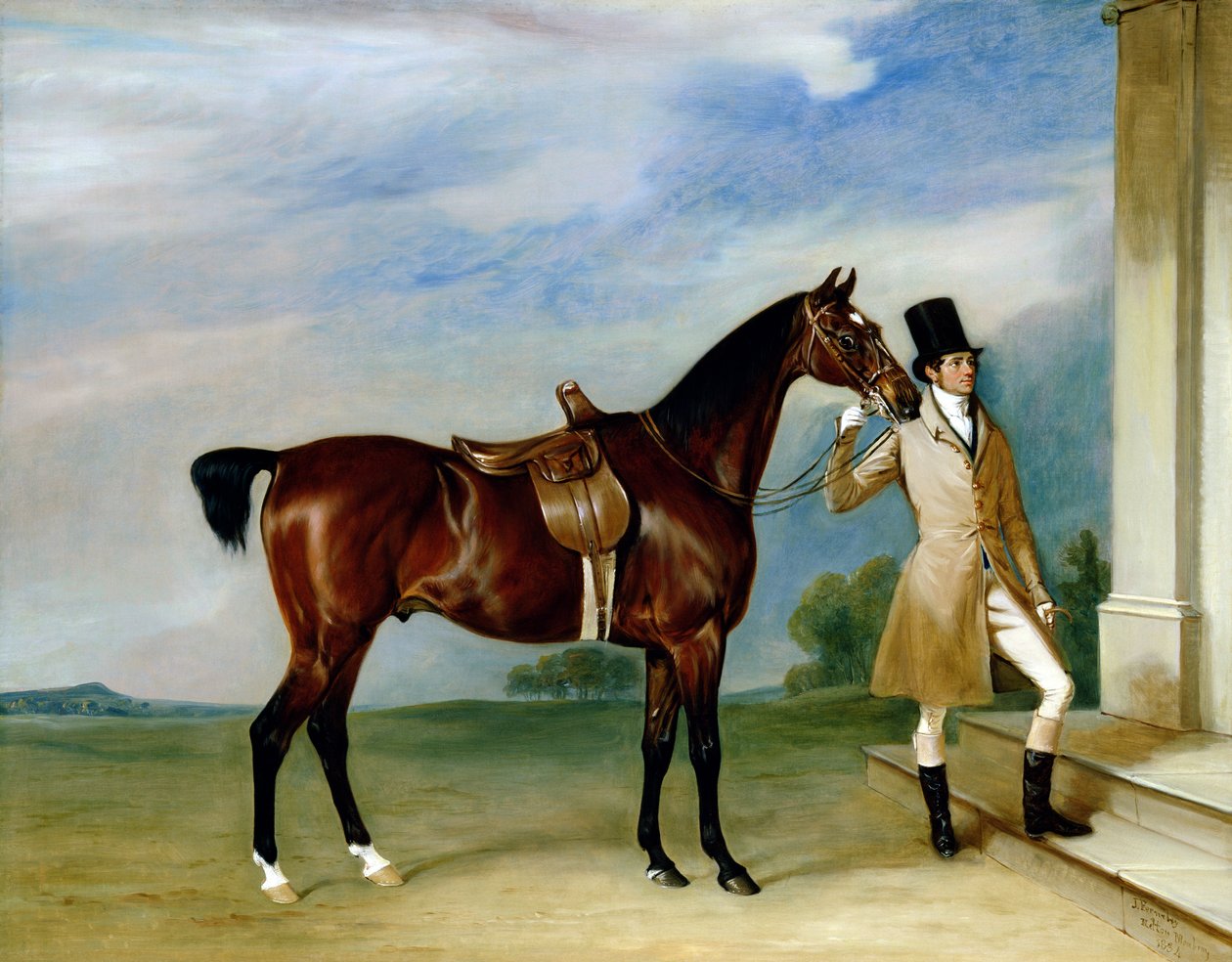 El cazador bayo de Miss Villebois sostenido por un mozo de John E. Ferneley