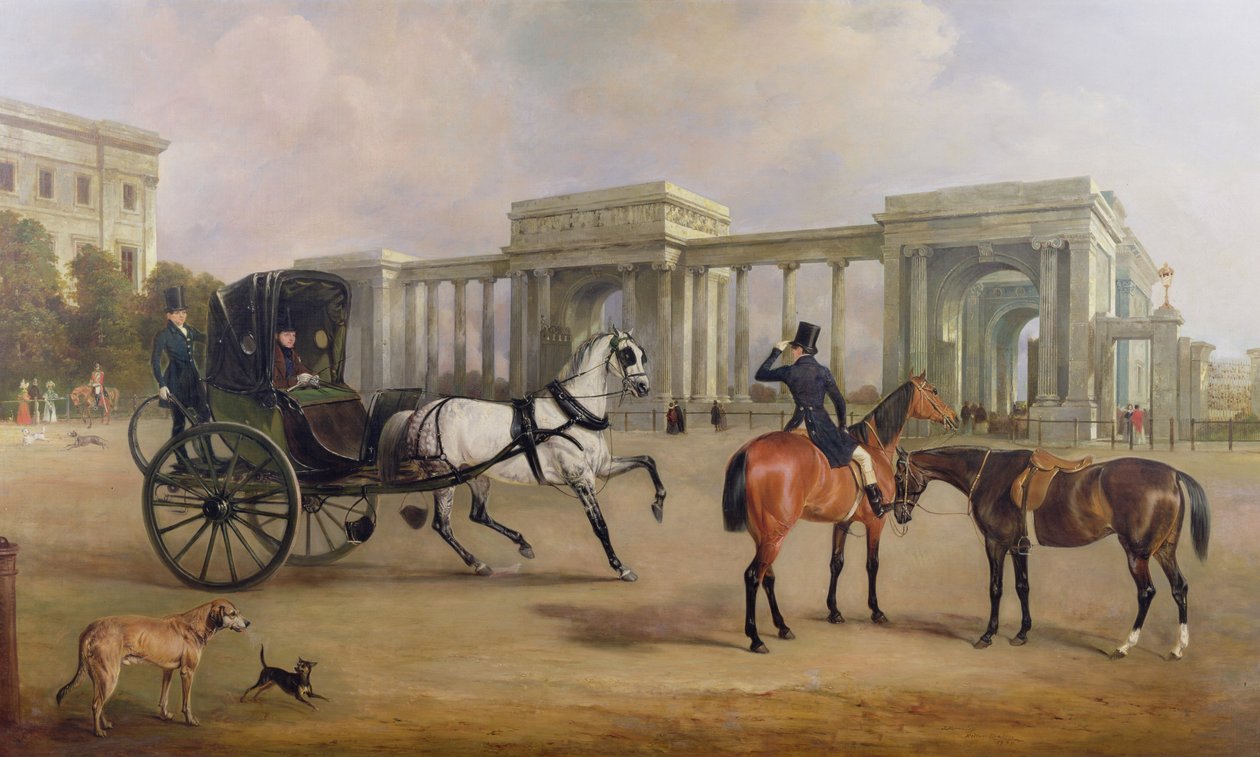 El Sr. Massey Stanley con cabriolé y caballos en Hyde Park Corner, 1833 de John E. Ferneley