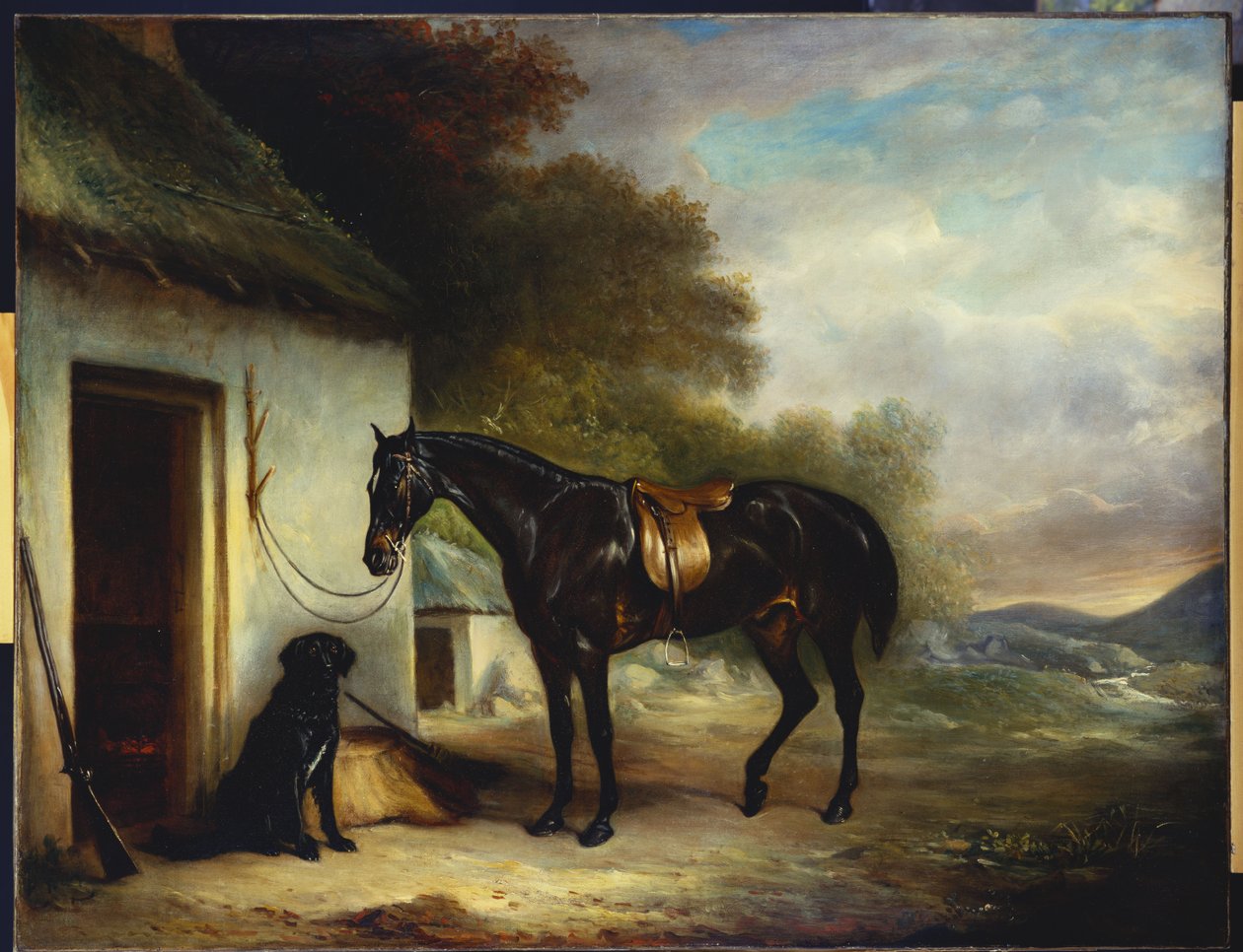 El cazador favorito del Sr. Stuart, Vagabond y su perro retriever de pelo liso, Nell, junto a la puerta de una cabaña, 1867 de John E. Ferneley