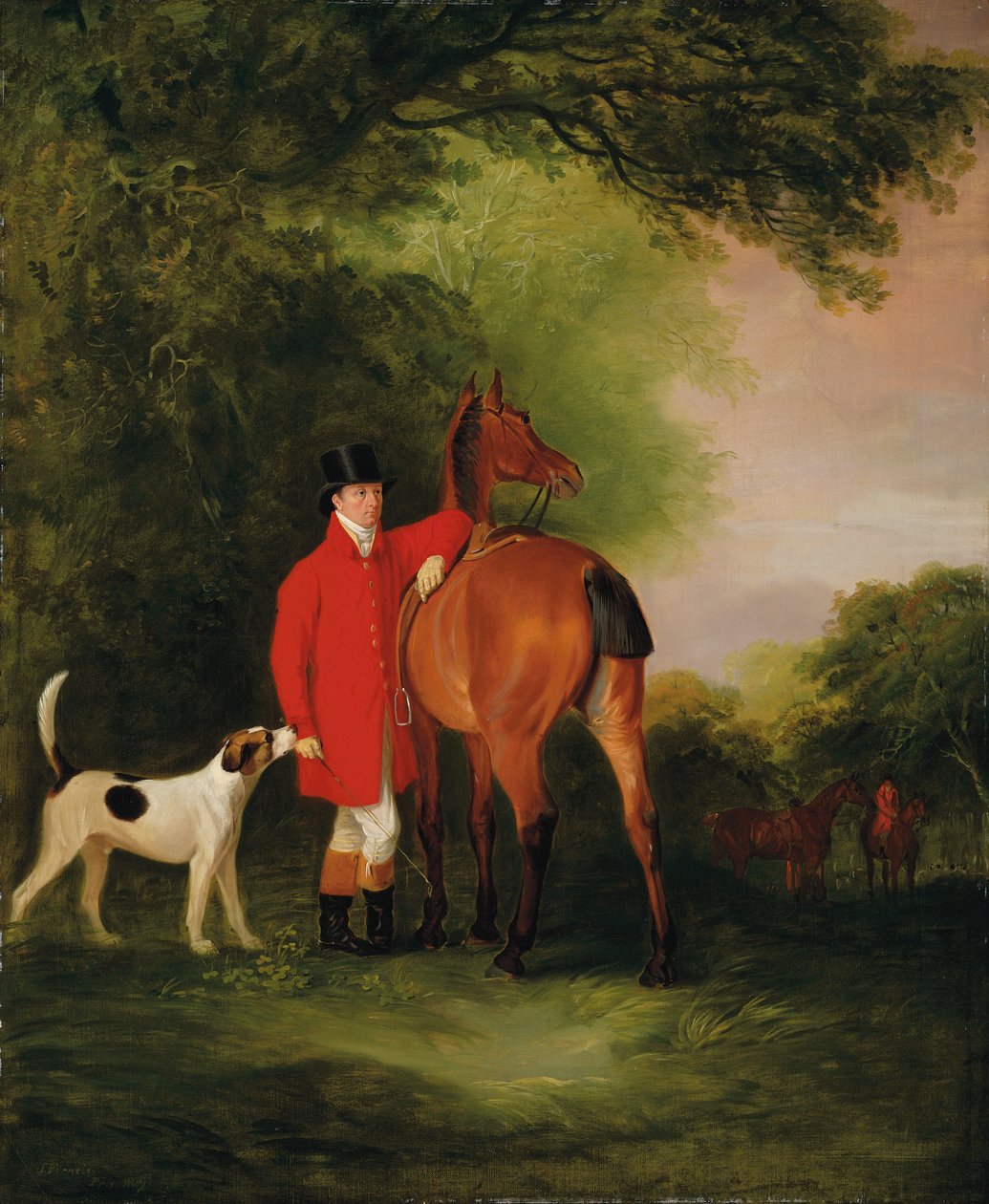 Retrato de Lord Lismore con un abrigo de caza con su cazador bayo y un sabueso, en un paisaje, una partida de caza más allá de John E. Ferneley