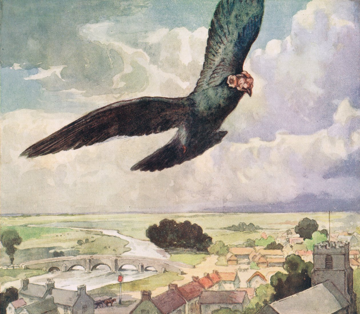Pájaro volando sobre una ciudad, ilustración de "Helpers Without Hands" de Gladys Davidson, publicada en 1919 (litografía en color) de John Edwin Noble