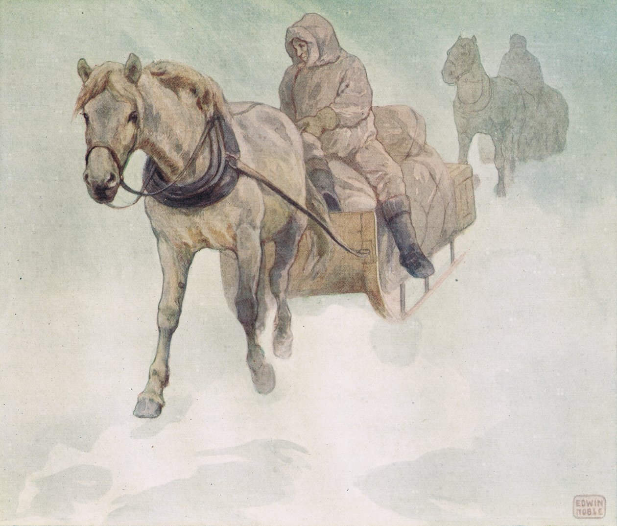 Trineo tirado por caballos, ilustración de "Helpers Without Hands" de Gladys Davidson, publicada en 1919 (litografía en color) de John Edwin Noble