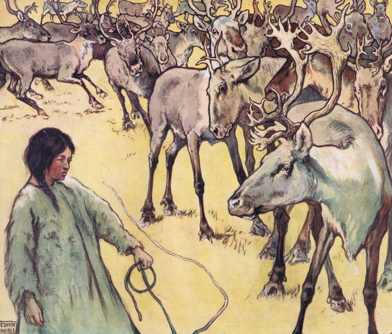 Manada de alces, ilustración de "Helpers Without Hands" de Gladys Davidson, publicada en 1919 (litografía en color) de John Edwin Noble