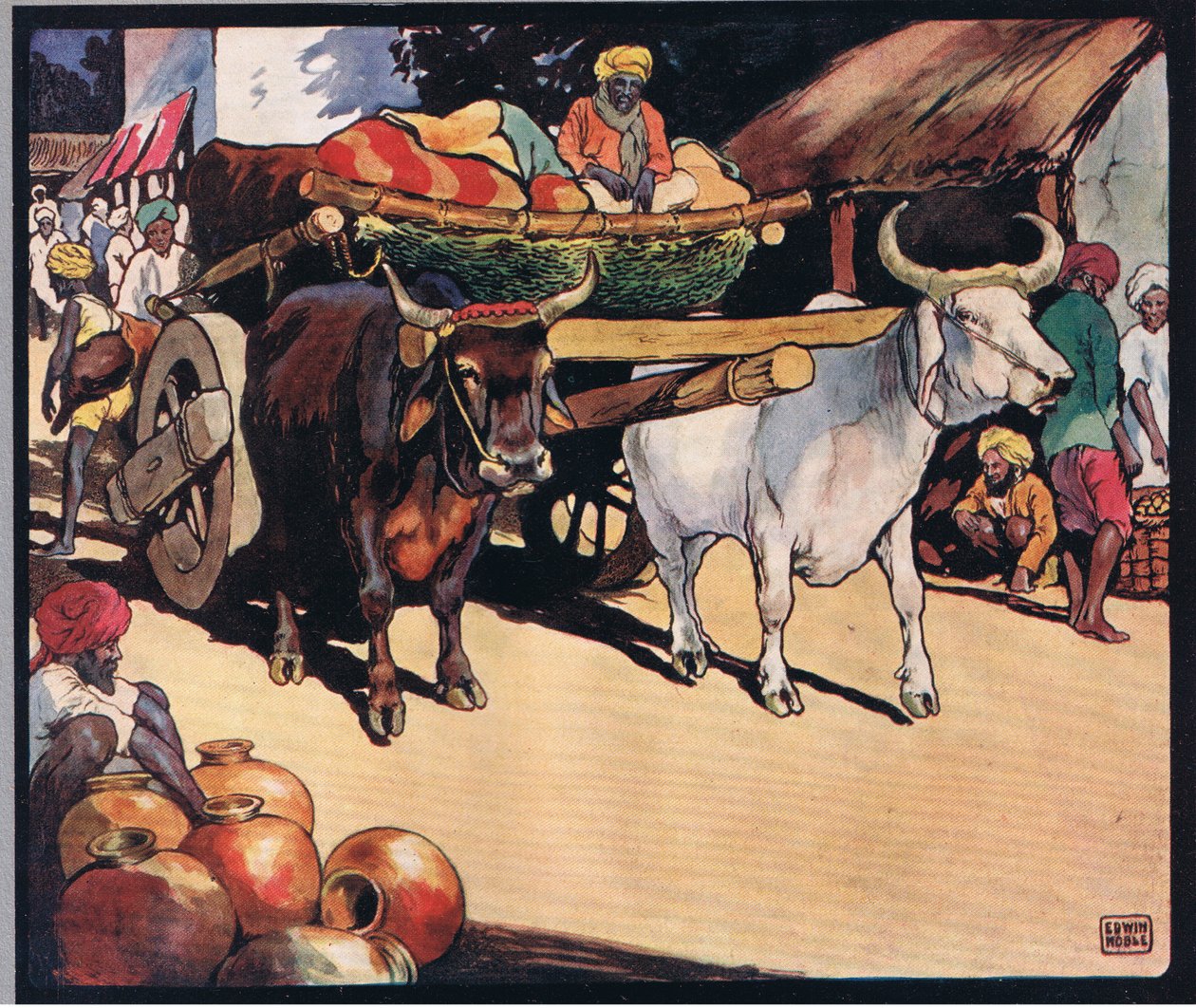 Bueyes tirando de un carro, ilustración de "Helpers Without Hands" de Gladys Davidson, publicada en 1919 (litografía en color) de John Edwin Noble