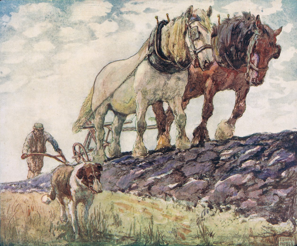 Arar el campo, ilustración de "Helpers Without Hands" de Gladys Davidson, publicada en 1919 (litografía en color) de John Edwin Noble
