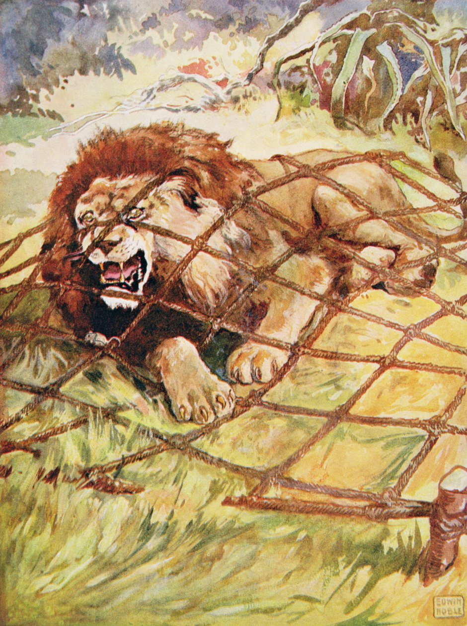 El león y el ratón de las "Fábulas de Esopo", publicado por Raphael Tuck & Sons Ltd., Londres (ilustración del libro) de John Edwin Noble