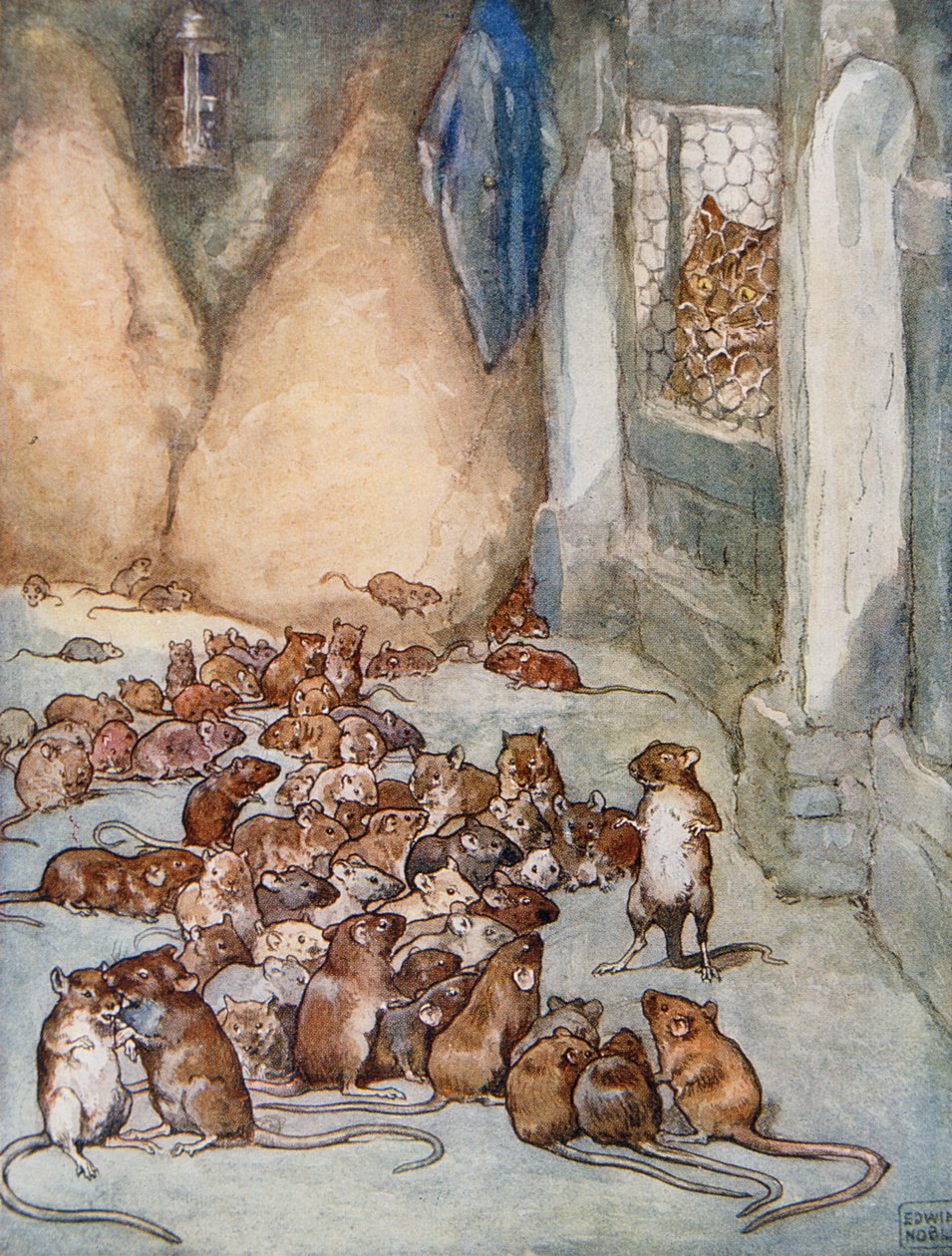 Los ratones en el consejo, de las "Fábulas de Esopo", publicadas por Raphael Tuck & Sons Ltd., Londres (ilustración del libro) de John Edwin Noble