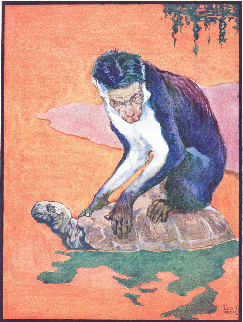 El mono se volvió sospechoso", ilustración de "La tortuga y el mono", publicada por Raphael Tuck & Sons Ltd. (litografía en color) de John Edwin Noble