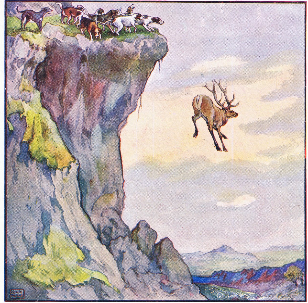 El gamo se precipitó al abismo de abajo (litografía en color) de John Edwin Noble