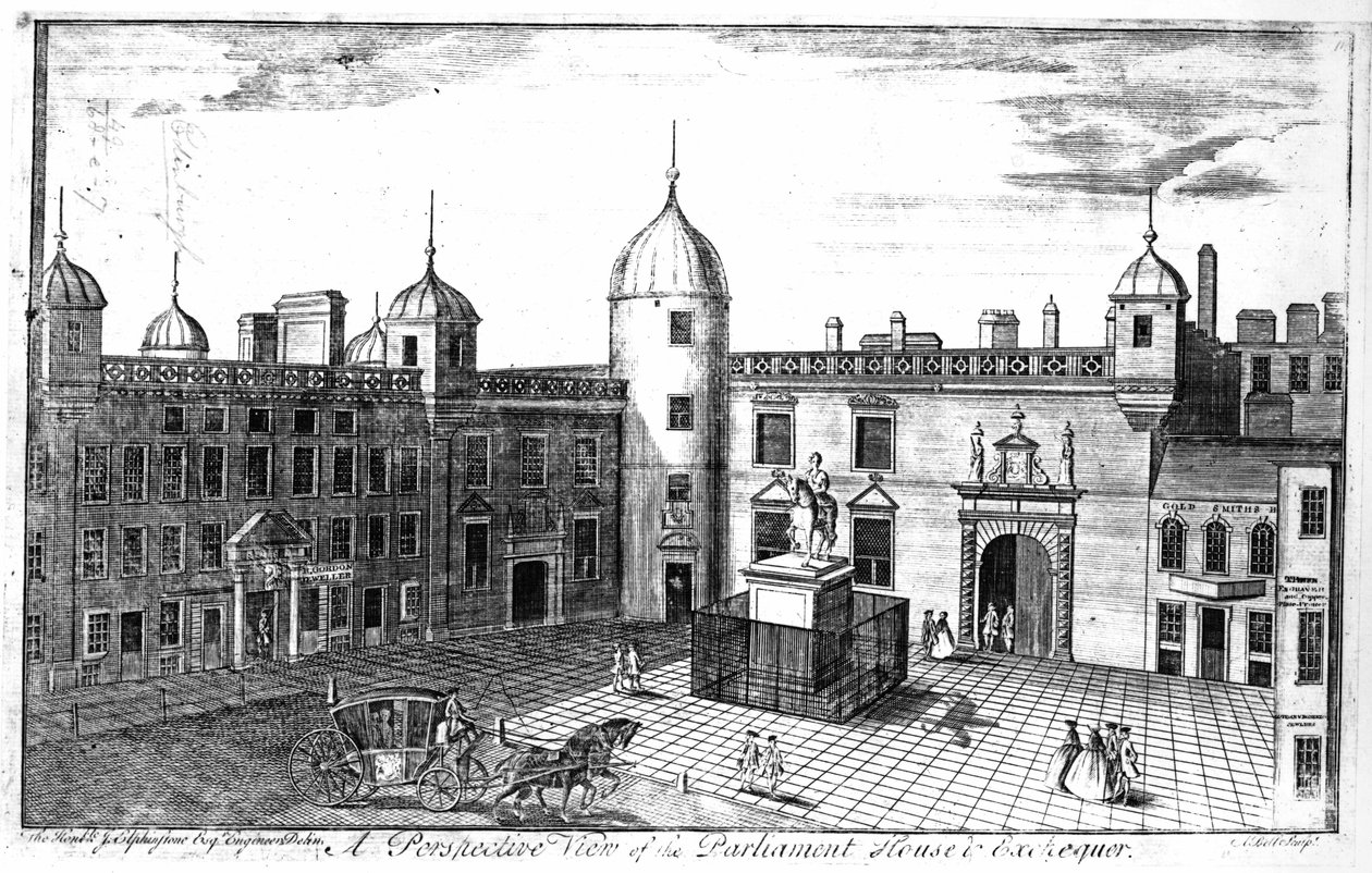 Vista en perspectiva de la Casa del Parlamento y la Hacienda, Edimburgo, grabado por A. Bell de John Elphinstone