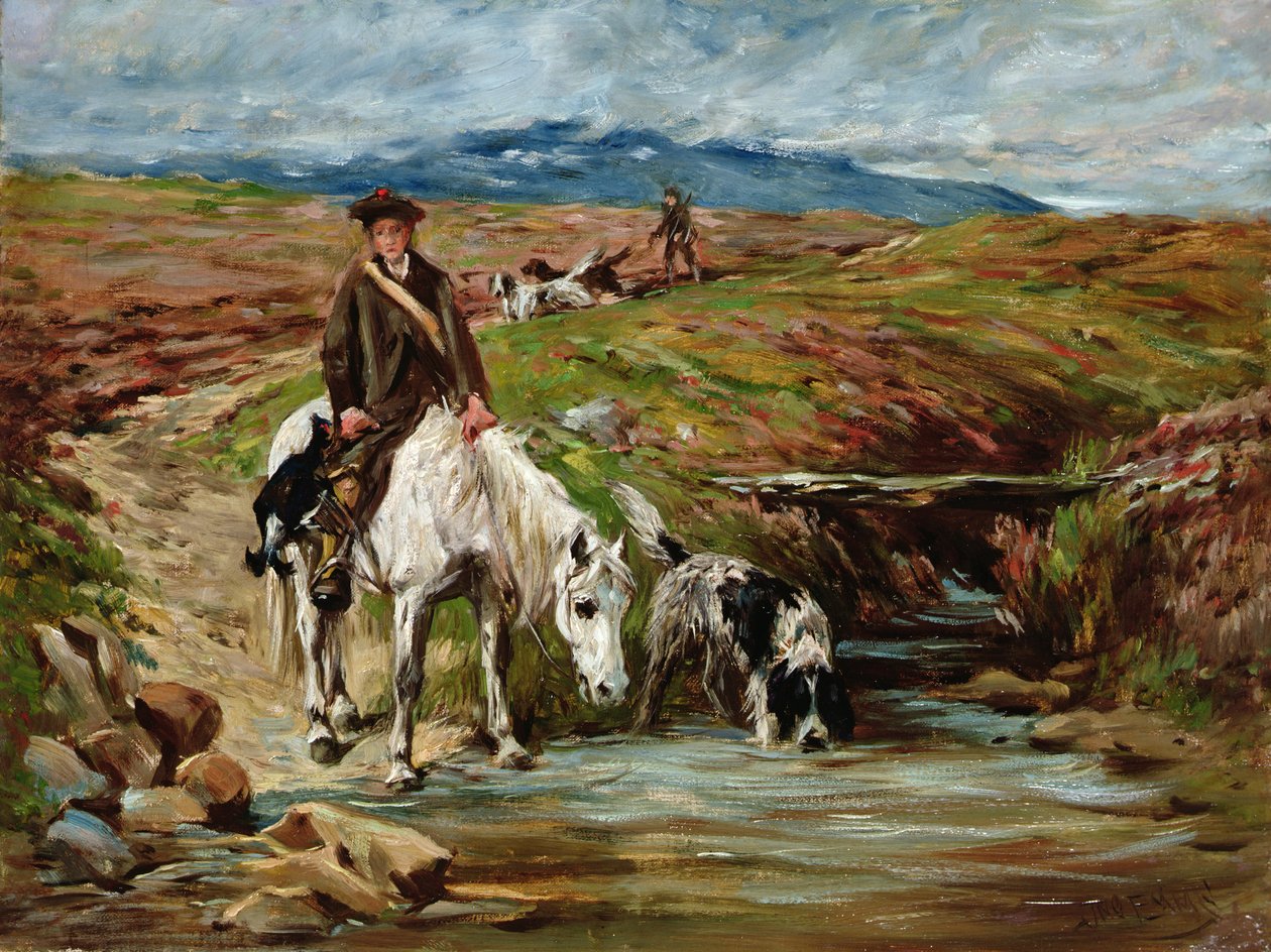 Caballo y spaniel bebiendo de un arroyo de John Emms