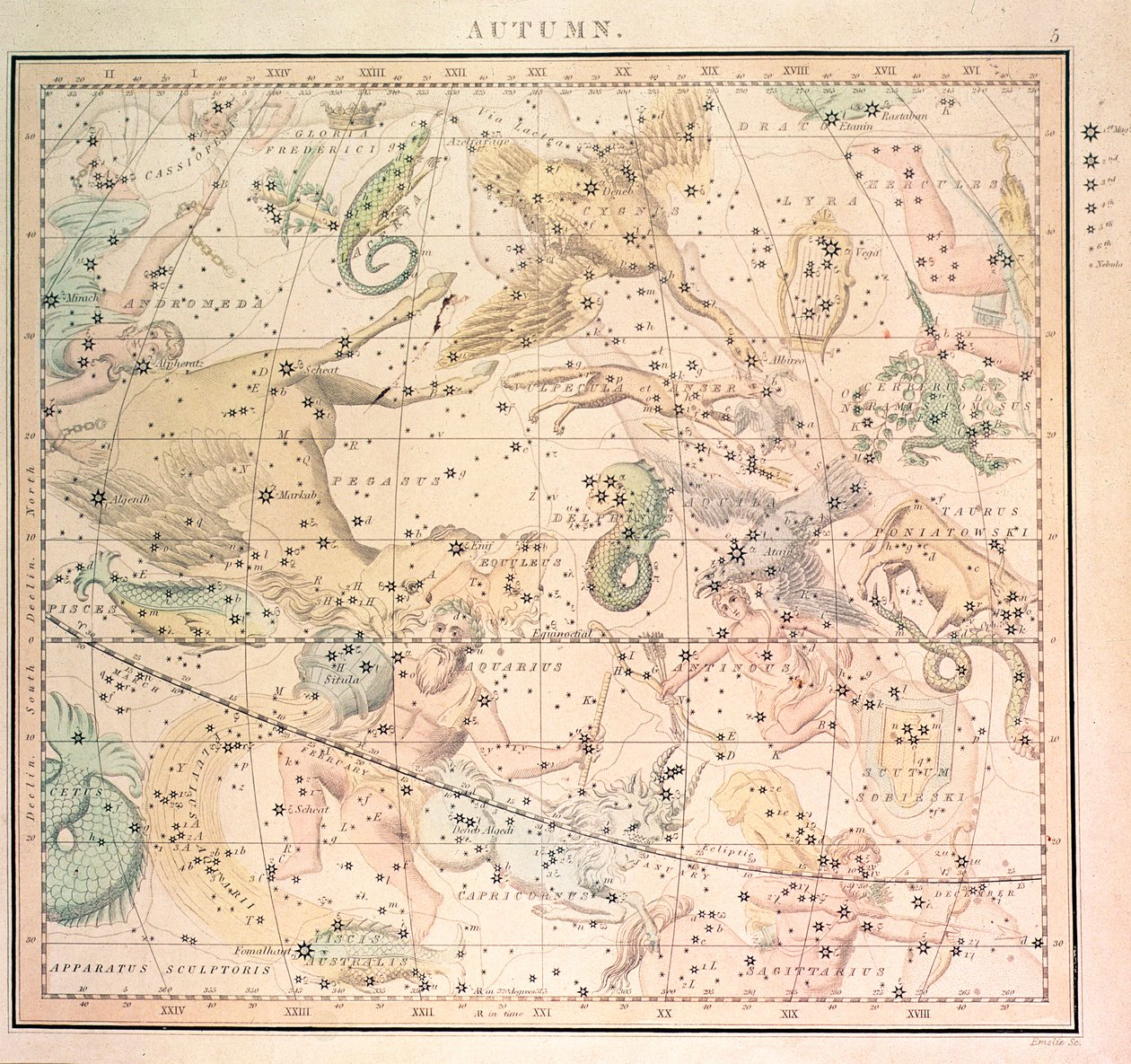 Carta celeste: Otoño, con los signos del zodíaco y la posición de las estrellas (grabado) de John Emslie