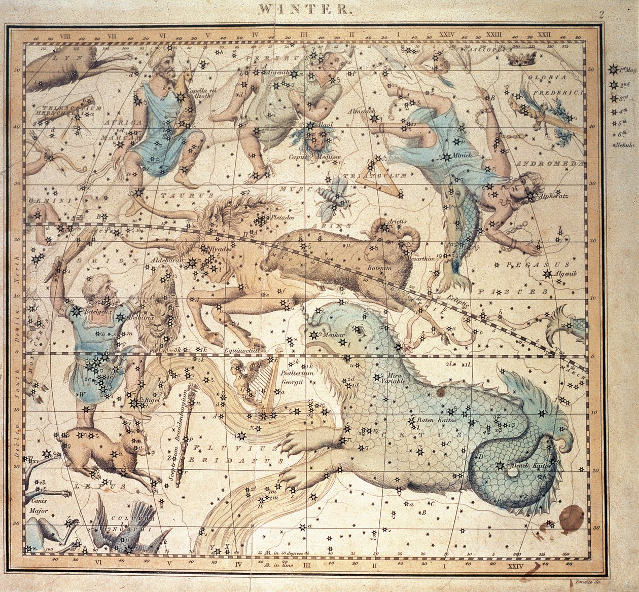 Carta celeste: Invierno, con los signos del zodíaco y la posición de las estrellas (grabado) de John Emslie