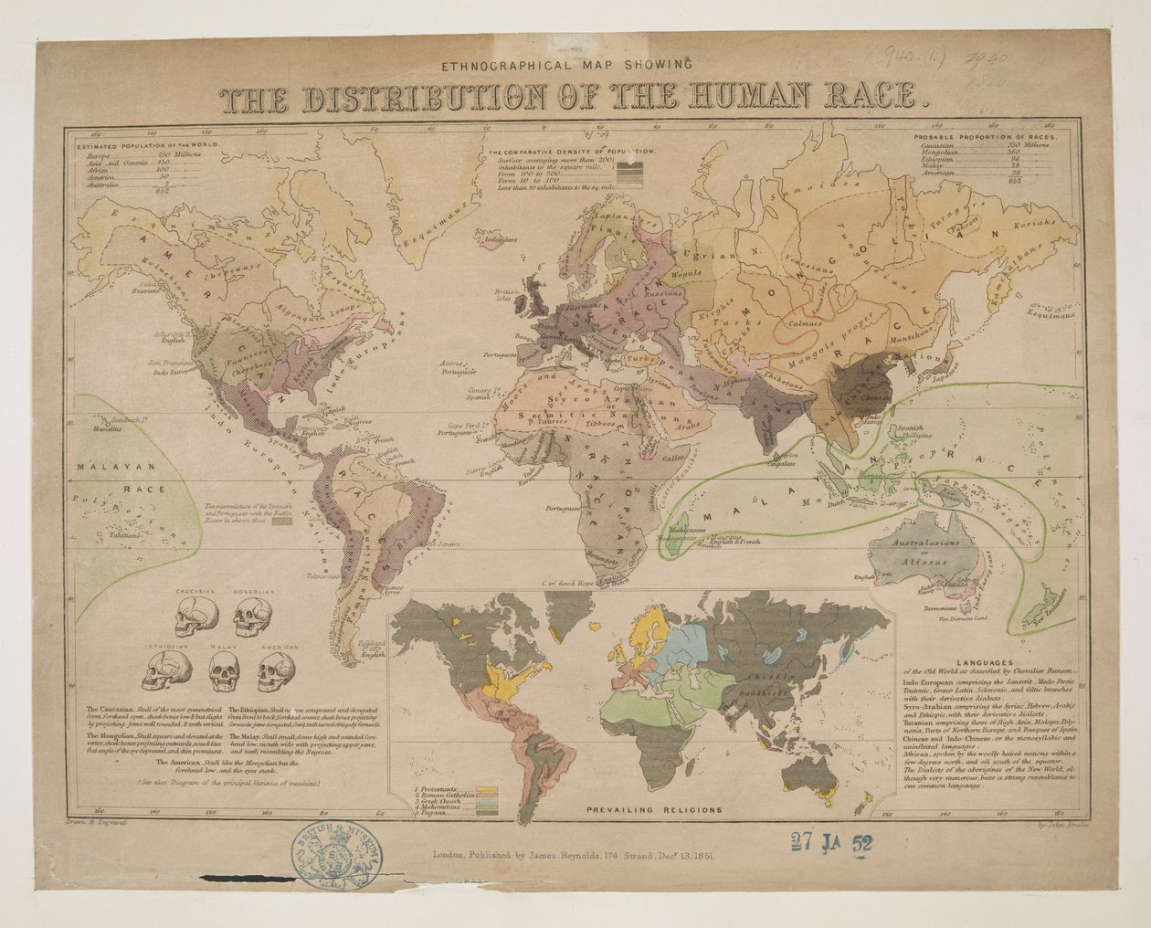 Mapa Etnográfico, mostrando la distribución de la Raza Humana de John Emslie