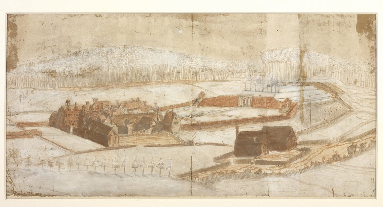 Agregar. 78610. (h) Vista de Wotton con el jardín, la gruta y los alrededores desde la esquina occidental, c.1650 (pluma y tinta con crayón y lavado) 215x435mm  Juan Evelyn  1650? de John Evelyn