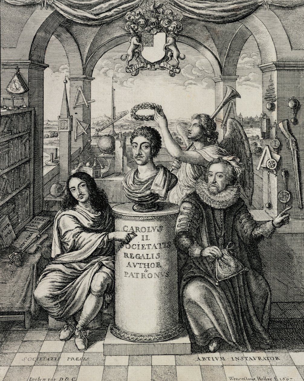 Carlos II (1630-85) como patrón de la Royal Society, grabado por Wenceslaus Hollar, 1667 de John Evelyn