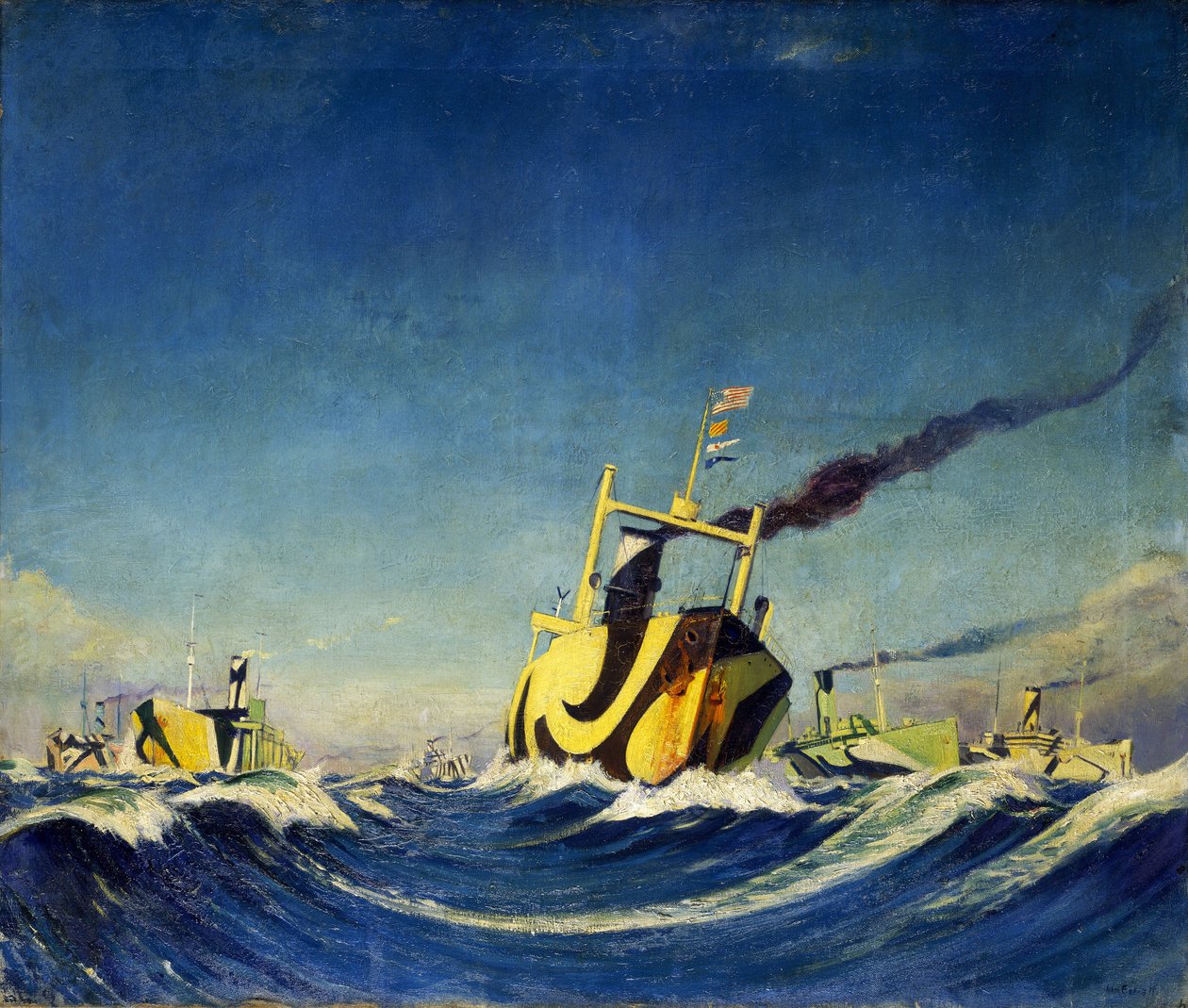 Un convoy de barcos cuyo casco está cubierto con patrones utilizados para el camuflaje durante la Primera Guerra Mundial. de John Everett