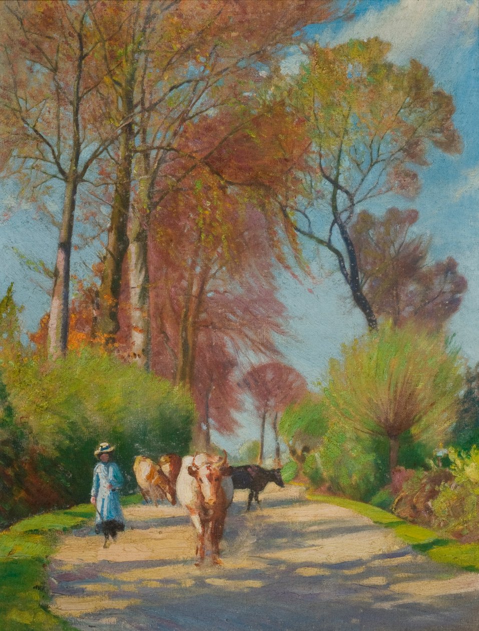Camino rural con figura y vaca (óleo sobre tabla) de John Everett