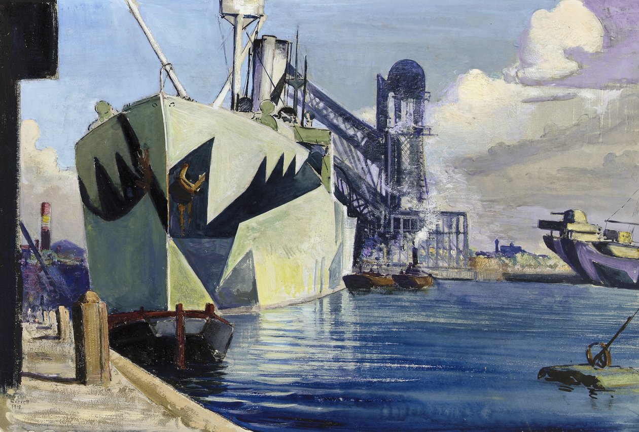 Dock Canada en Liverpool, con un buque de guerra anclado, pintado con un colorido camuflaje. Pintura de Herbert Barnard John Everett (1876-1949) de John Everett