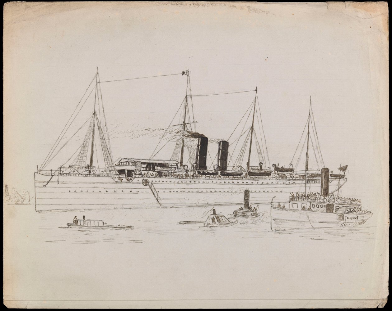 PAH1225; Barco de vapor cerca de una costa con remolcador al lado. Barco de pasajeros con remolcador y vapor de ruedas Tilbury cerca (dibujo). de John Everett