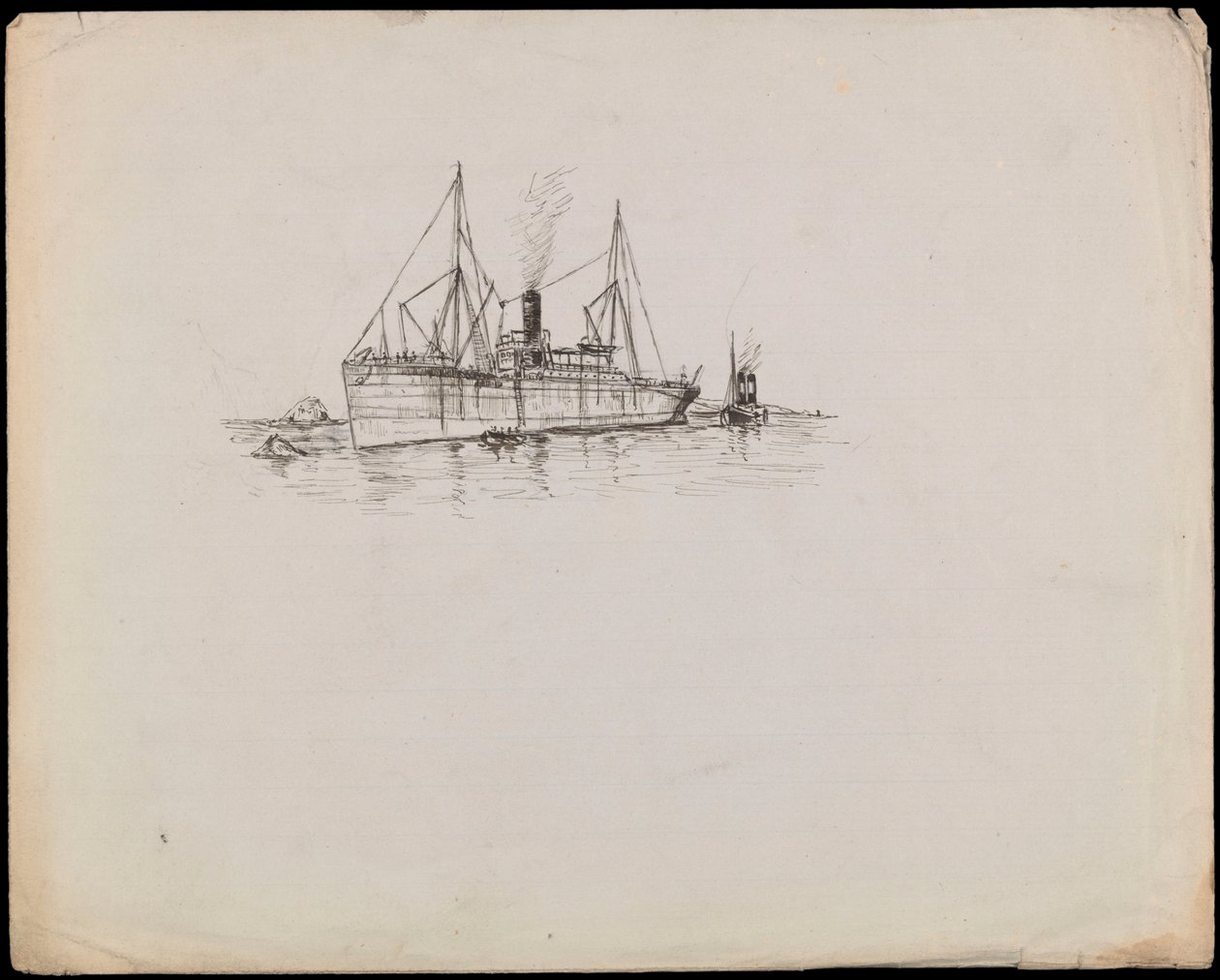 PAH1225; Barco de vapor cerca de una costa con remolcador al lado. Barco de pasajeros con remolcador y vapor de ruedas Tilbury cerca (dibujo). de John Everett