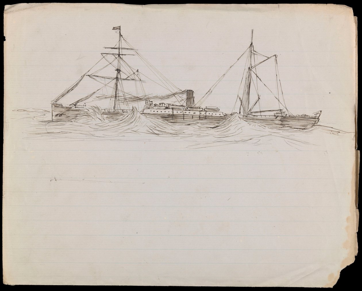 PAH1228; Bocetos de un acorazado y otros dos buques de la Royal Navy (dibujo) de John Everett